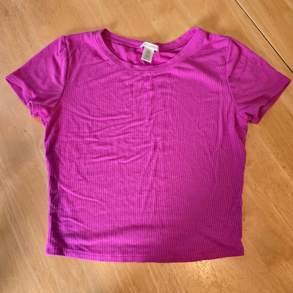 Bozzolo Ribbed Short Sleeve Crop Top Magenta Pink Large Stretch Y2K Basic